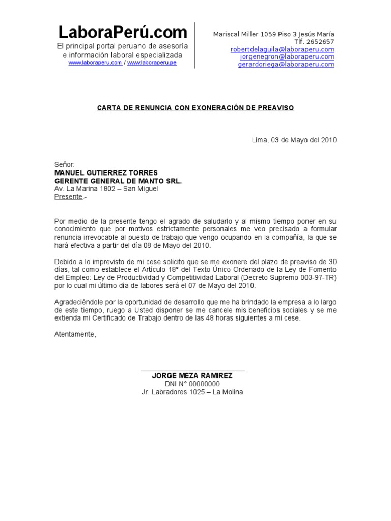 Modelo De Carta De Renuncia Por Hostigamiento Laboral Peru - Peter