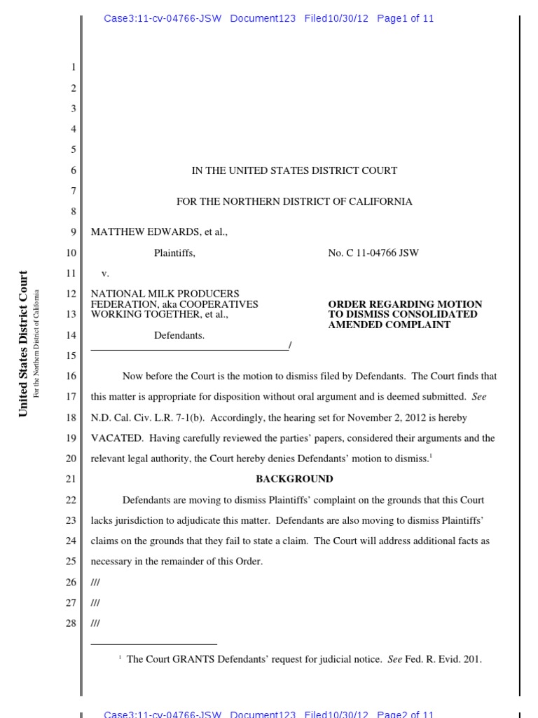 Order Regarding Motion To Dismiss Consolidated Amended Complaint
