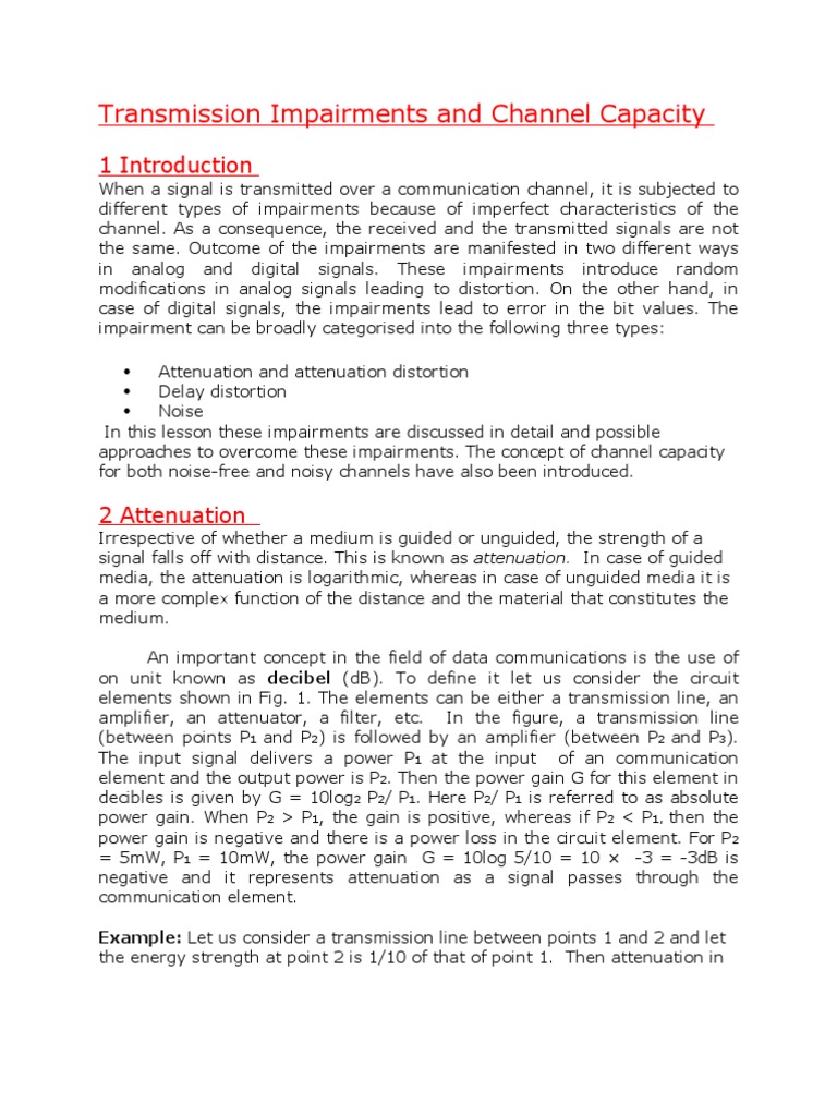 Transmission Impairments and Channel Capacity PDF Signal To Noise