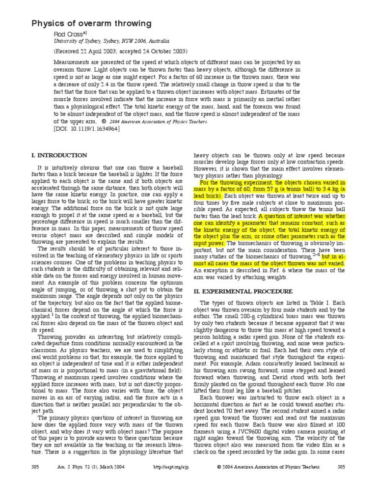 Physics Of Overarm Throwing University Of Sydney Sydney Nsw 2006