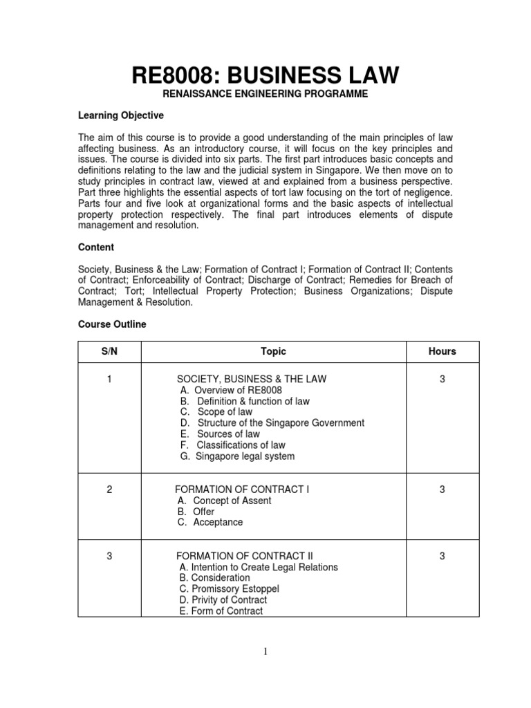 RE8008 Business Law Course Outline PDF Tort Common Law