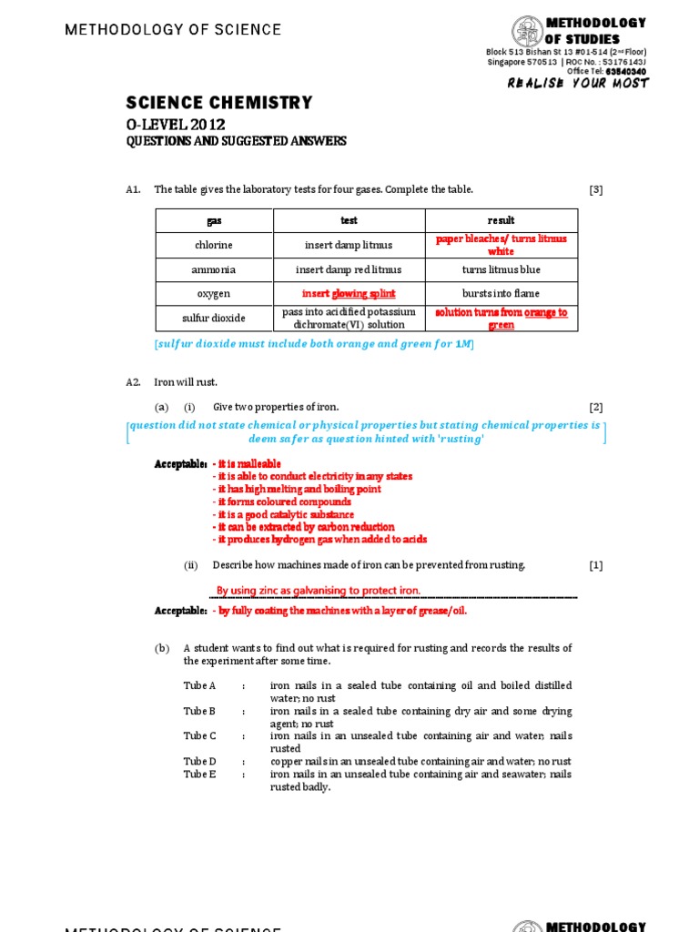 2012 Olevel Science Chemistry Paper 3 Questions And Answers Atoms Chemical Bond