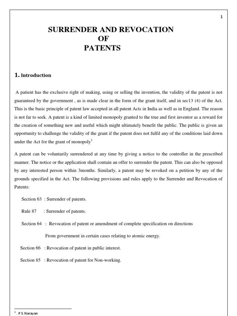 Surrender and Revocation of Patents PDF Glossary Of Patent Law