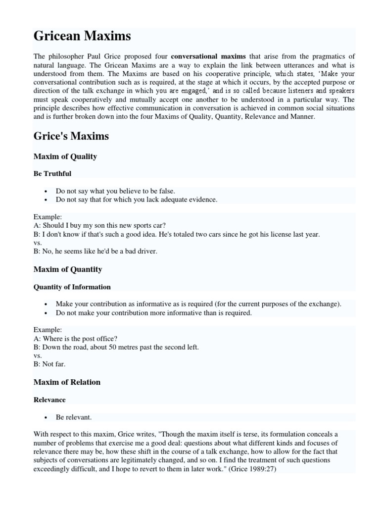Gricean Maxims | PDF | Interpersonal Communication | Philosophical ...