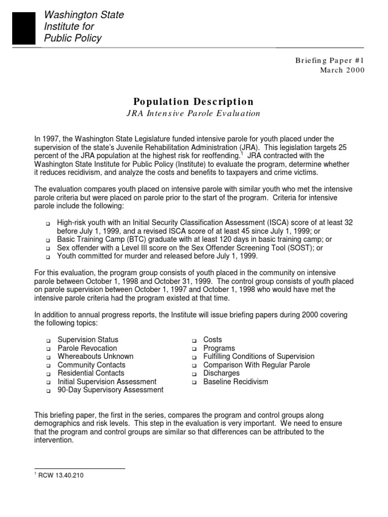 Population Description: JRA Intensive Parole Evaluation, Briefing Paper ...