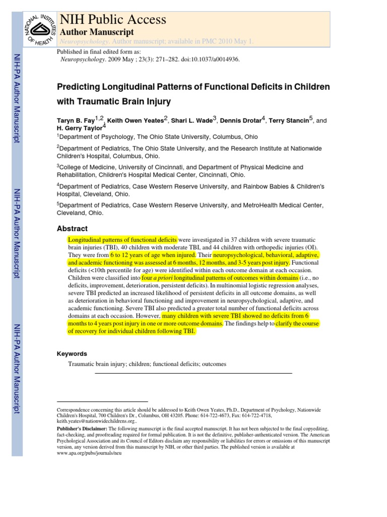 Longitudinal TBI Outcomes in Children | PDF | Traumatic Brain Injury ...