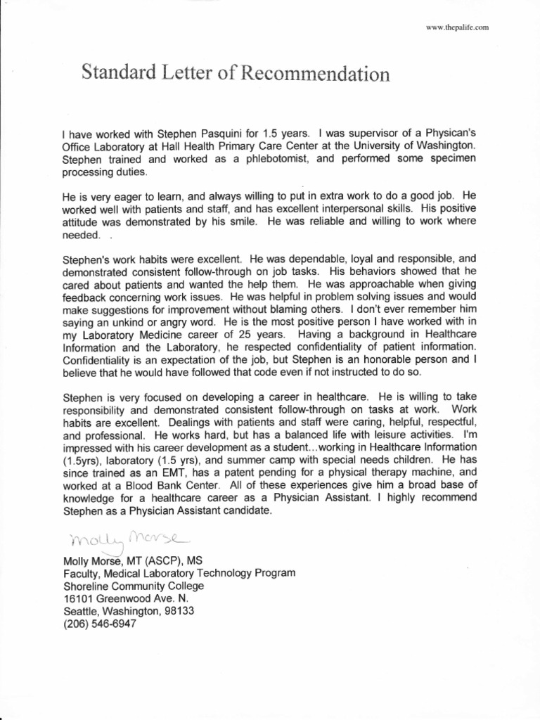Physician Assistant Applicant Letter of Recommendation 