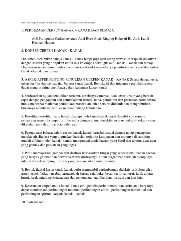 Ciri Cerpen Kanak Kanak Pdf