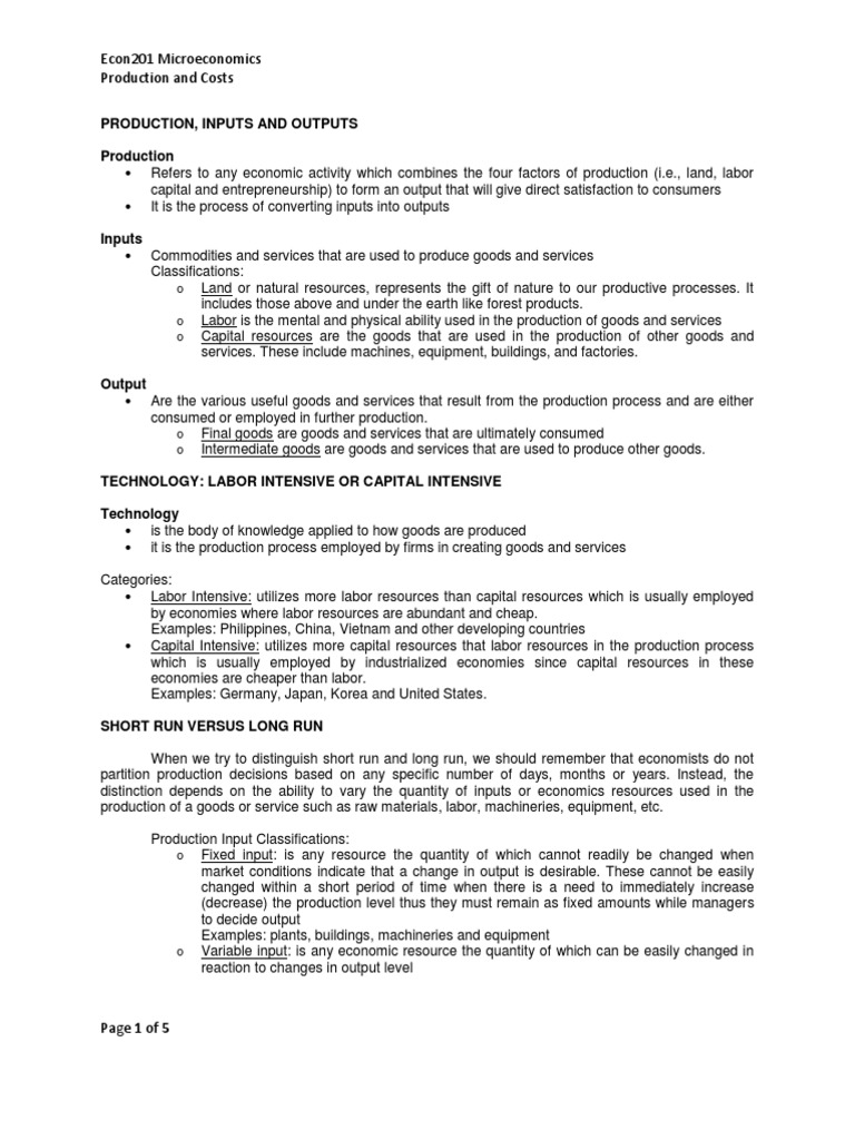 Microeconomics: Production and Costs Overview | PDF | Factors Of ...
