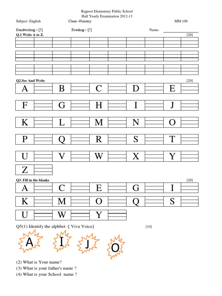 nursery class english test paper