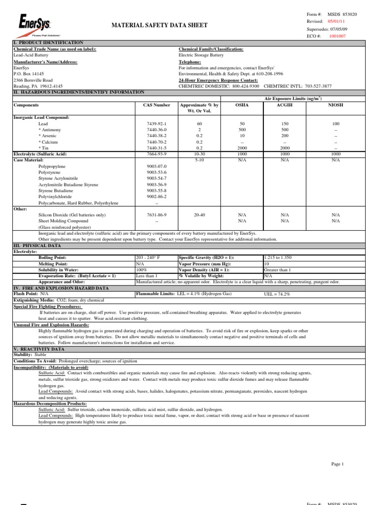 MSDS Lead Acid Battery PDF Dangerous Goods Sulfuric Acid