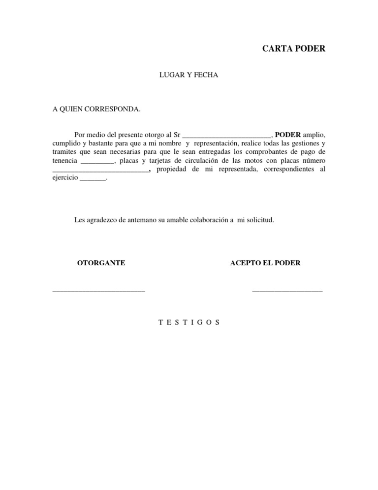 Ejemplo Carta Poder Tenencia Motos