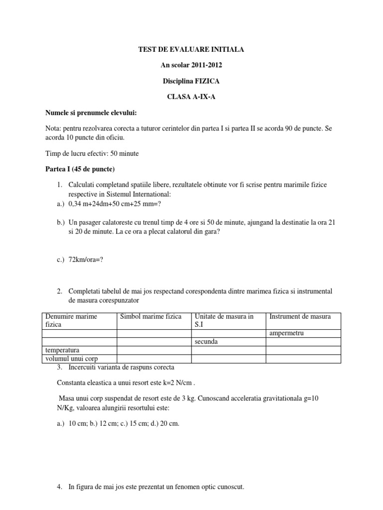 CursÄƒ PercepÅ£ie Comitet Test Initial Fizica Clasa 9 Mate Info Tellitslantplay Org