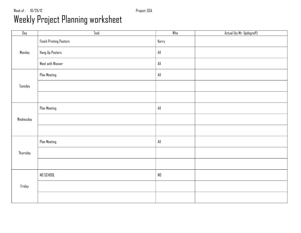 Weekly Project Planning Worksheet 2012 1 PDF