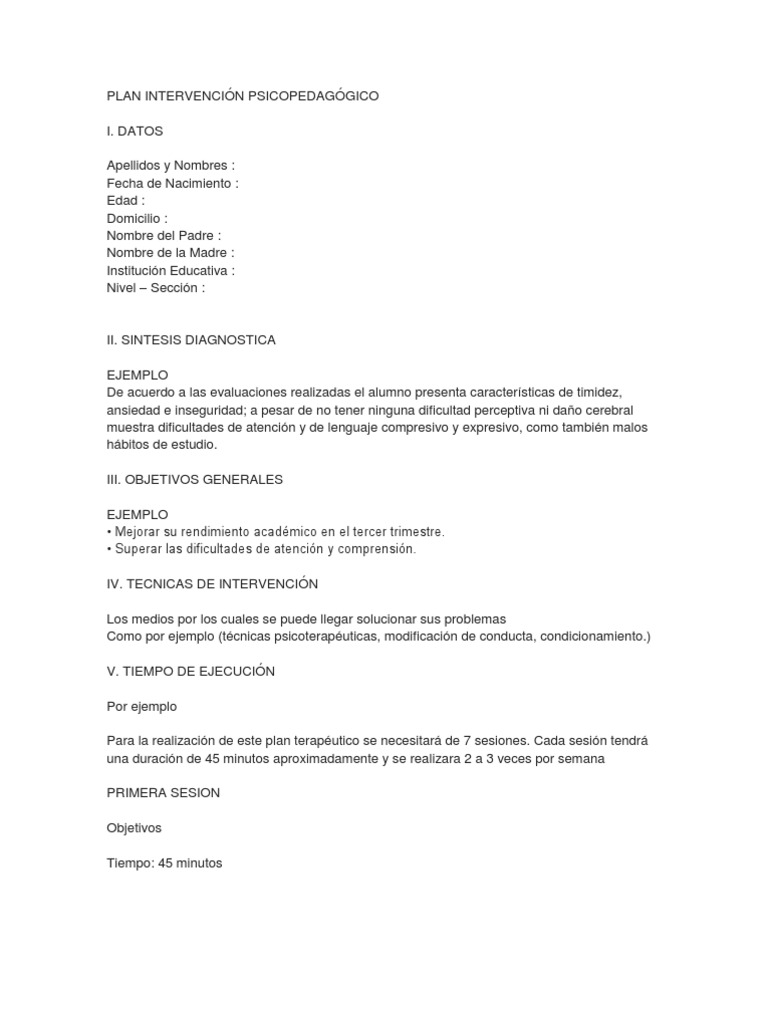 Plan de Intervención Psicopedagógica | PDF