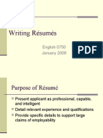 Writing Résumés: English 0750 January 2009