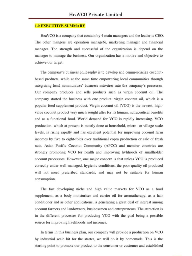 Business plan for coconut oil production