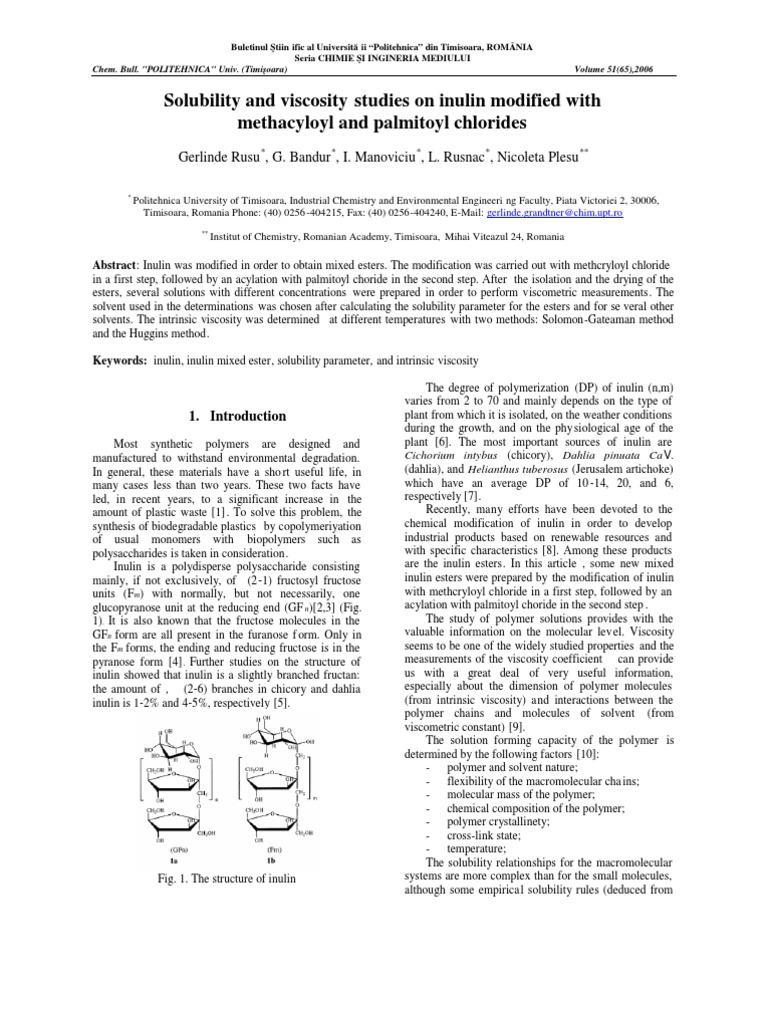 Inulin Ester Solubility and Viscosity Study | PDF | Polymers | Solubility