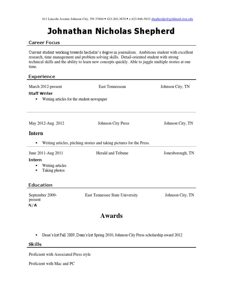 Johnathan Shepherd: Journalism Student Resume | PDF | Career & Growth