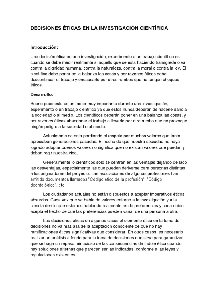 DECISIONES ÉTICAS EN LA INVESTIGACIÓN CIENTÍFICA