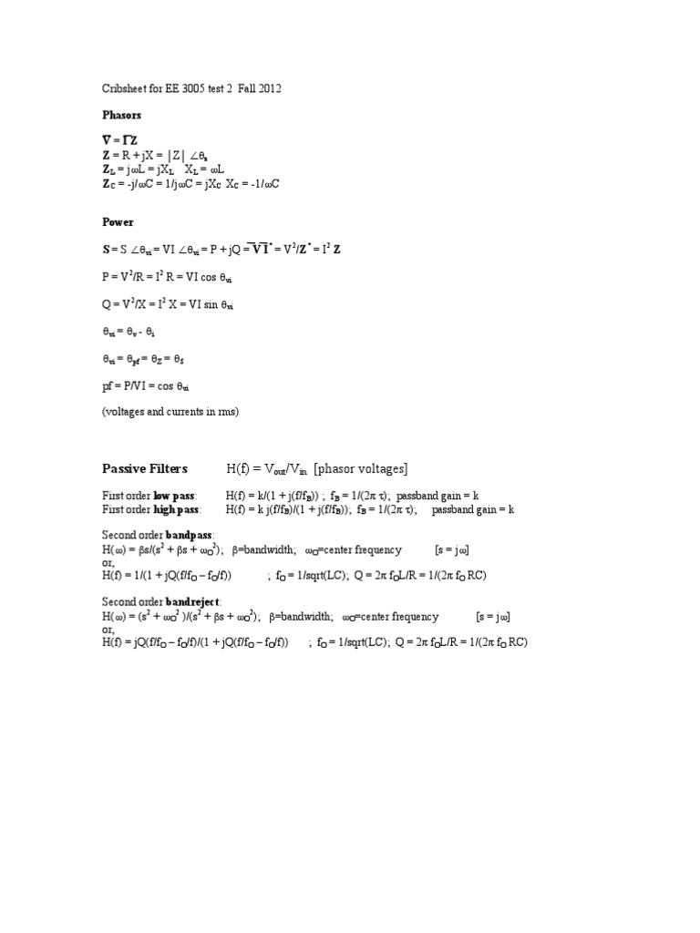 Cribsheet For Ee 3005 Test 2 Fall 2012