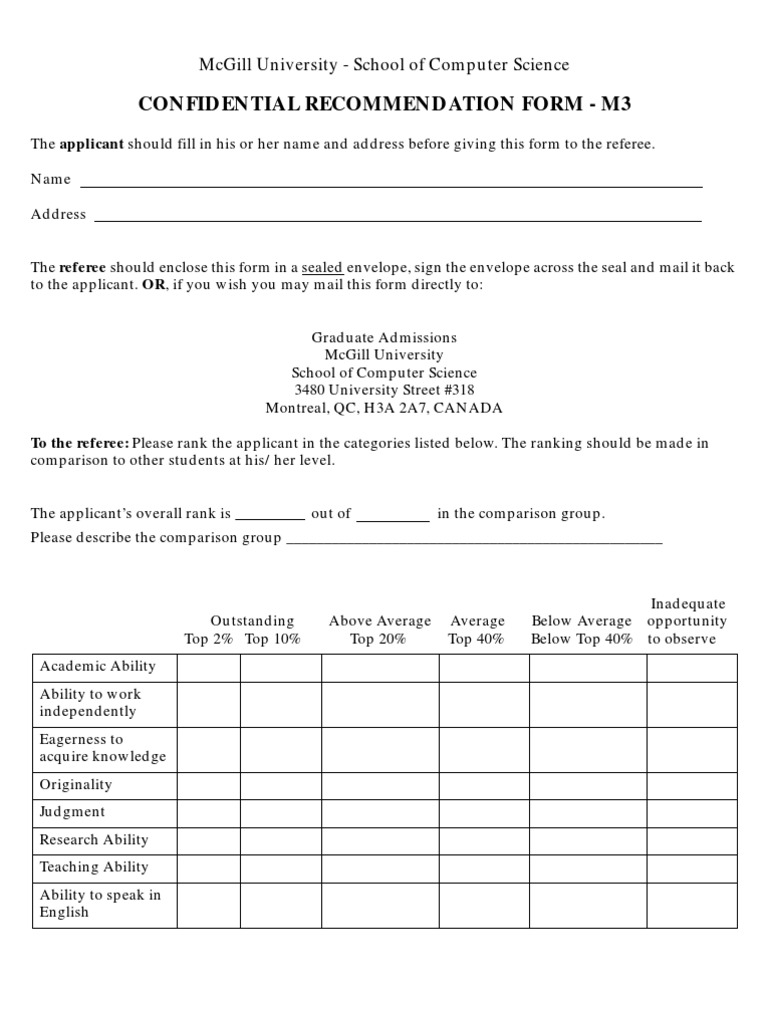 Confidential Recommendation Form - M3: Mcgill University - School of ...