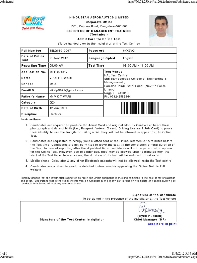 Hal Admit Card PDF Identity Document Driver's License