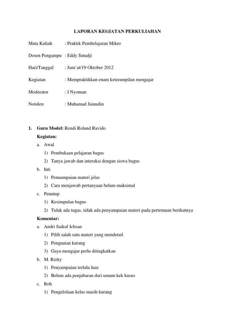 Laporan Kegiatan Perkuliahan Mata Kuliah