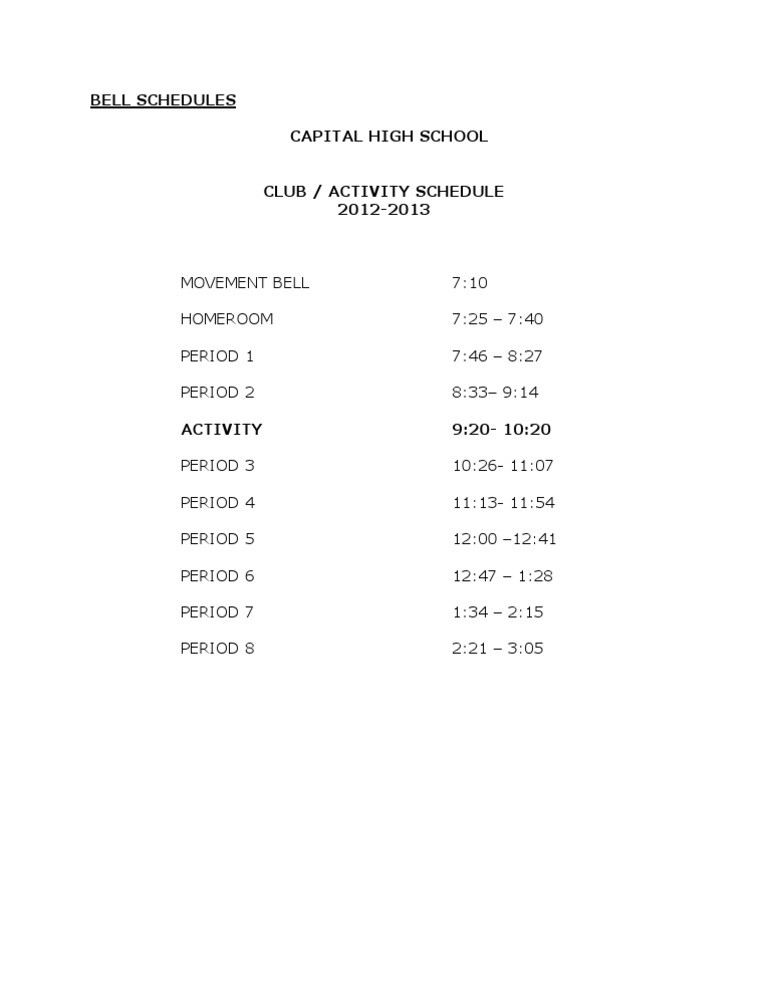 Capital High School Bell Schedule 2012-2013 | PDF