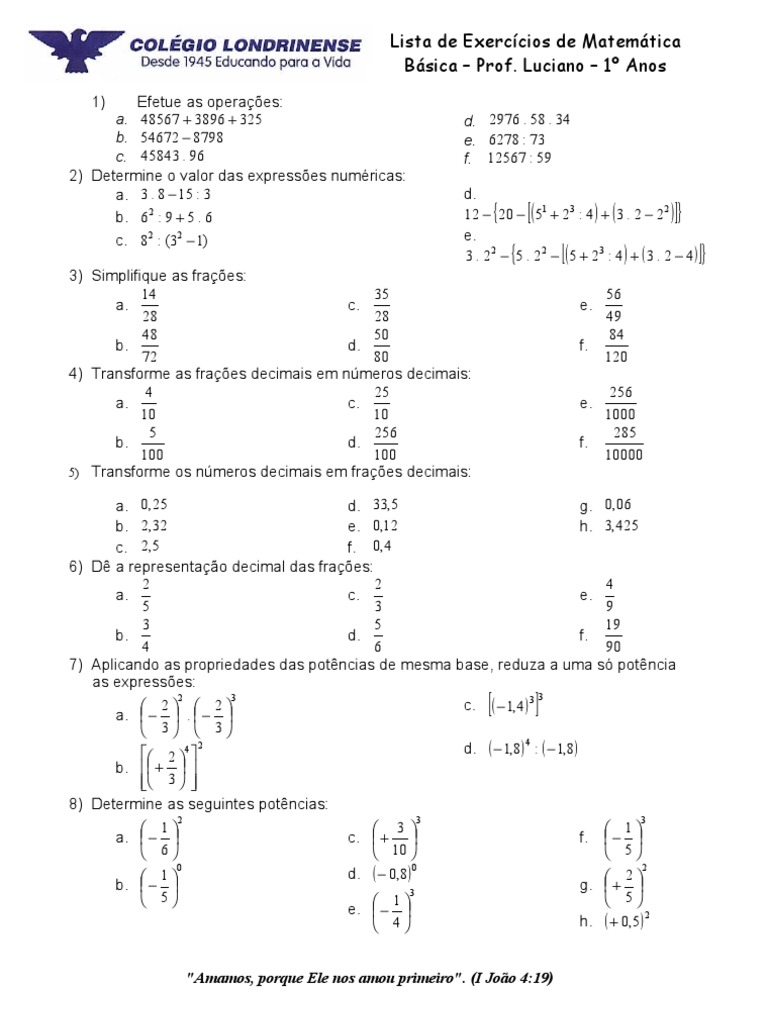 Lista de Exercícios de Matemática Básica | PDF