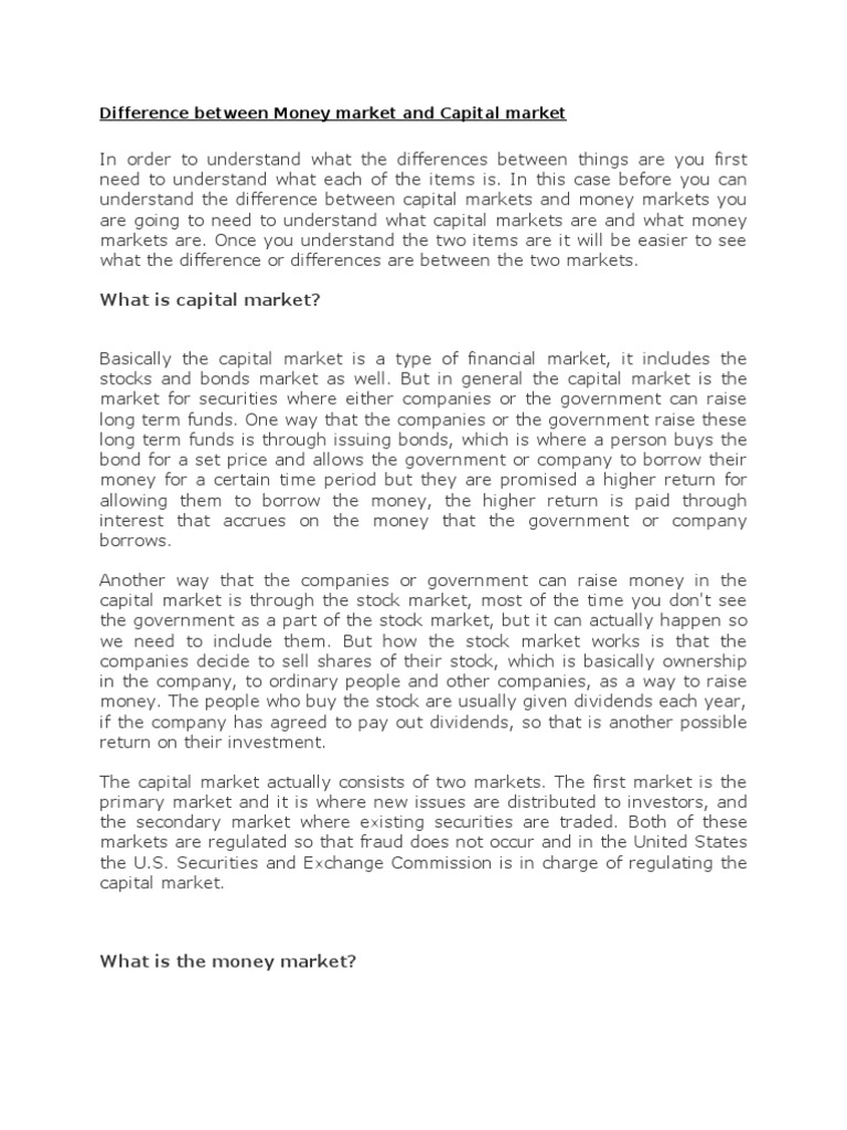 Difference Between Money Market and Capital Market PDF Money Market