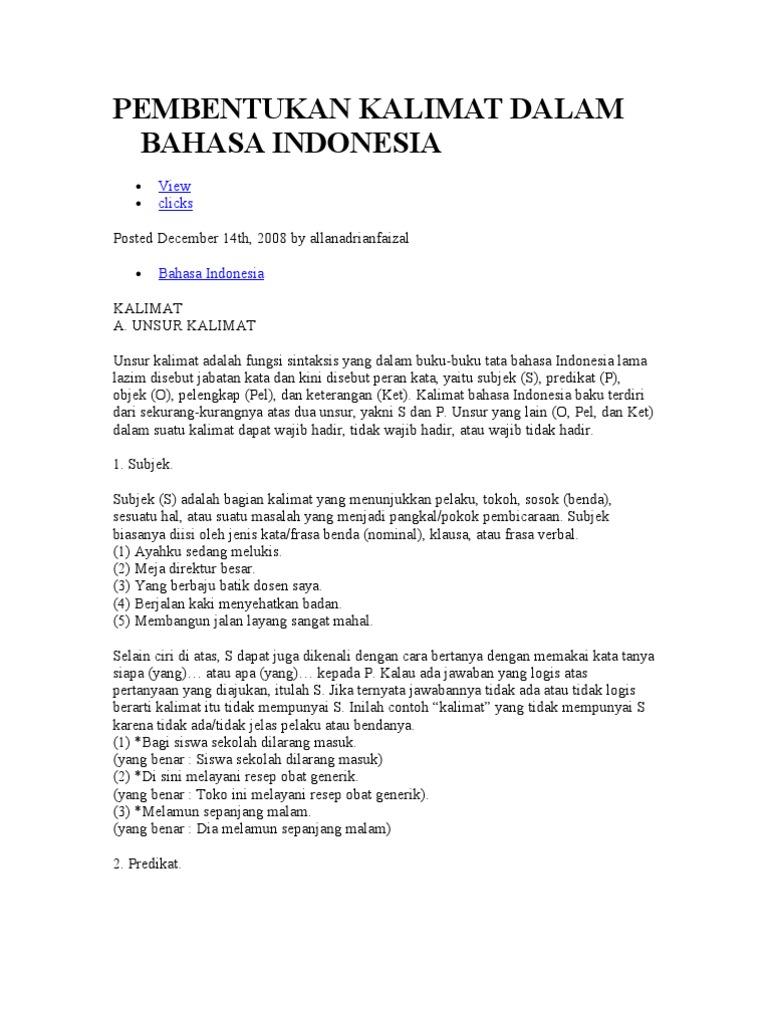 Pembentukan Kalimat Dalam Bahasa Indonesia