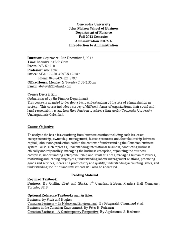 Fall 2012 Admin Course Outline | PDF | Academic Term | Business