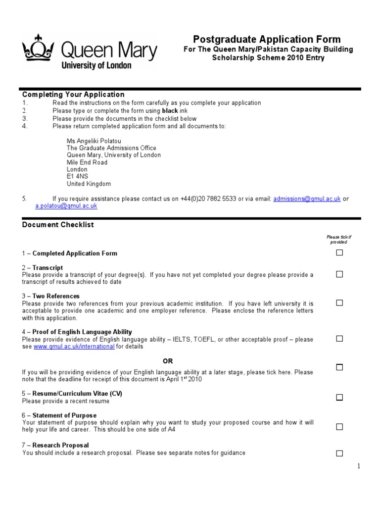Postgraduate Application Form For The Queen Mary/Pakistan Capacity