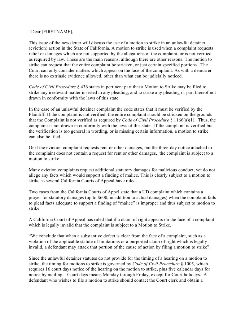 Motion To Strike Unlawful Detainer Complaint in California PDF Pleading Complaint