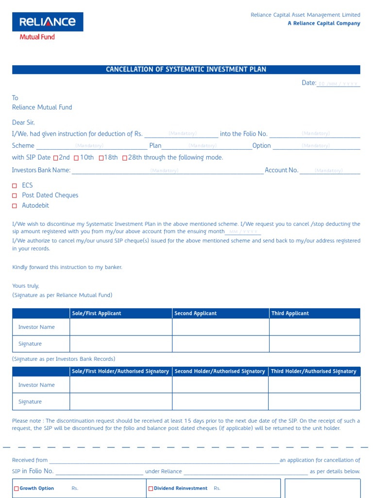 SIP Cancellation Form 12-03-12 | PDF | Finance & Money Management