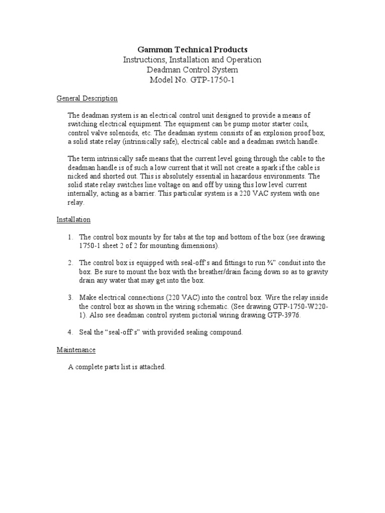 Installation and Operation Instructions for the Gammon Technical
