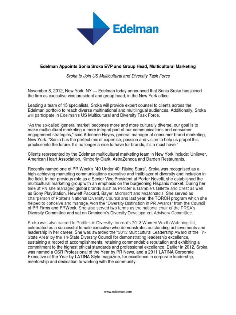 Sonia Sroka Joins Edelman as EVP | PDF | Edelman (Firm) | Brand