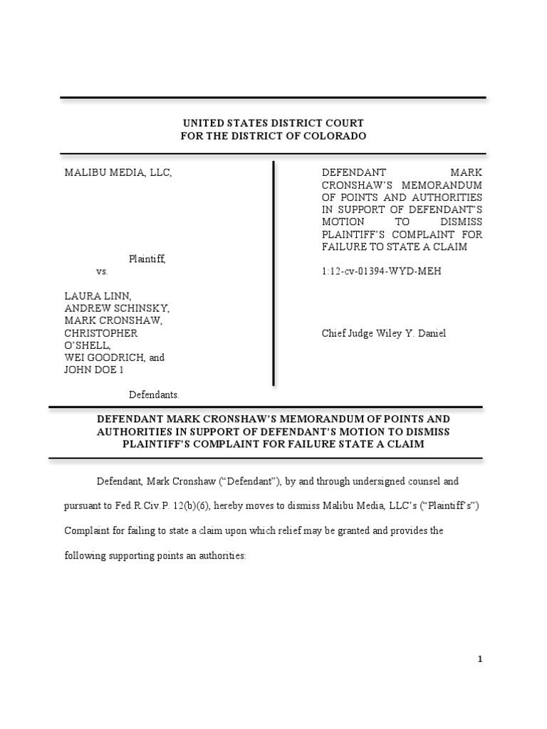 Cronshaw mark memorandum in support of 12 b 6 motion to dismiss