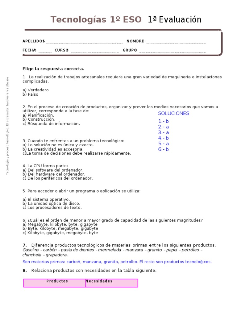 SOL_EXAMEN Tecnologías 1º ESO 1ª Evaluación Hardware de la