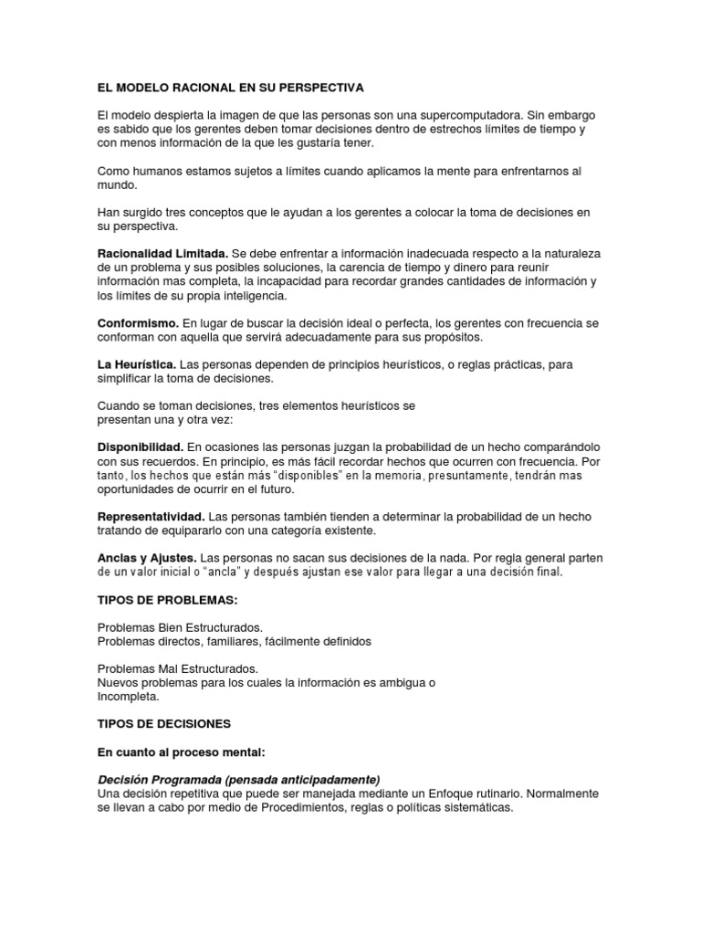 Perspectiva del Modelo Racional en Decisiones | PDF | Heurístico | Toma ...