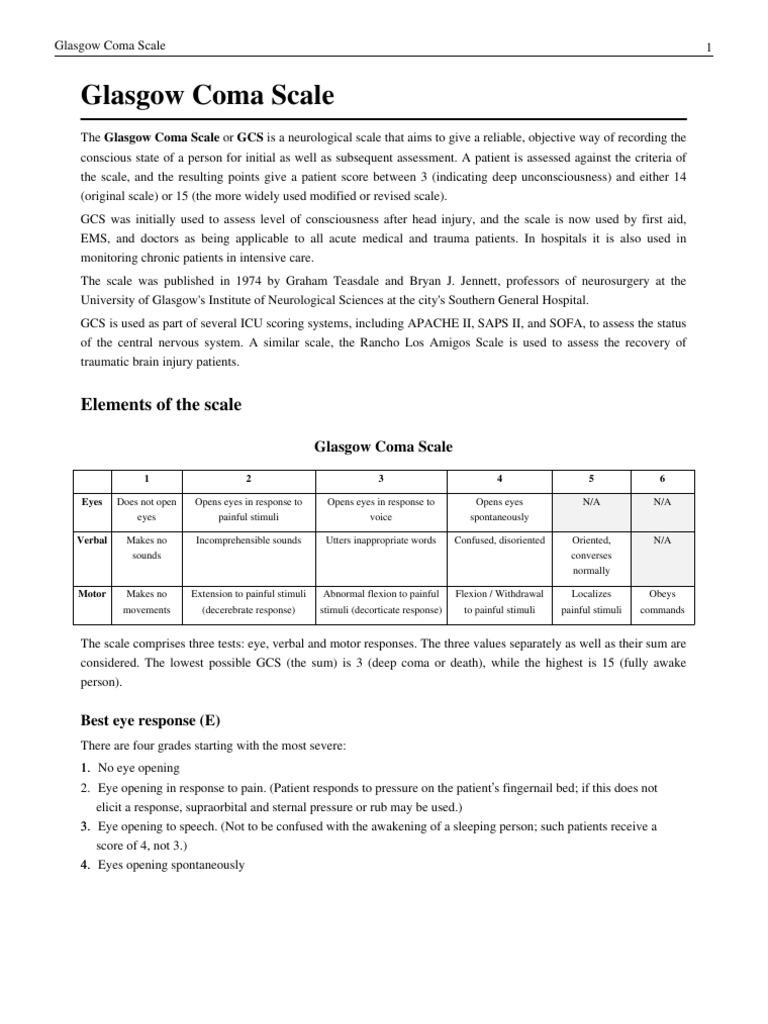 Glasgow Coma Scale GCS | PDF | Intensive Care Medicine | Medicine