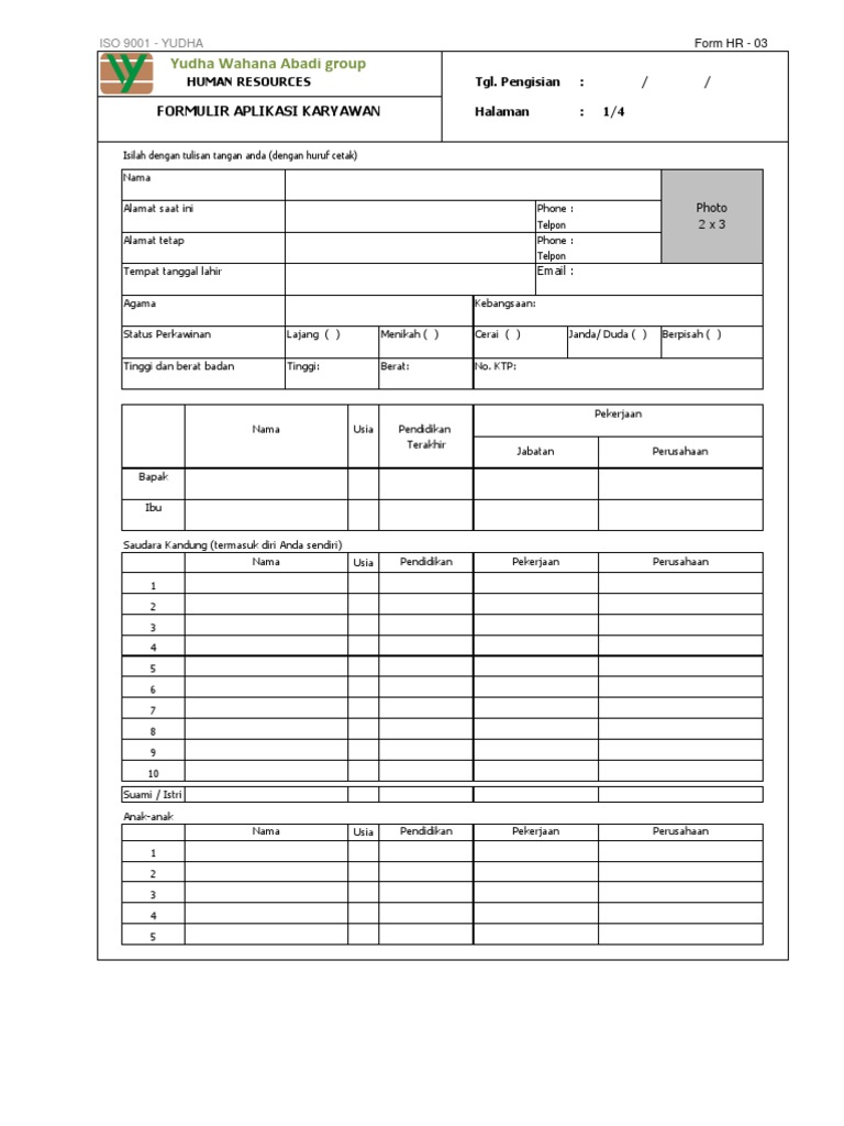 Yudha Wahana Abadi group: Formulir Aplikasi Karyawan