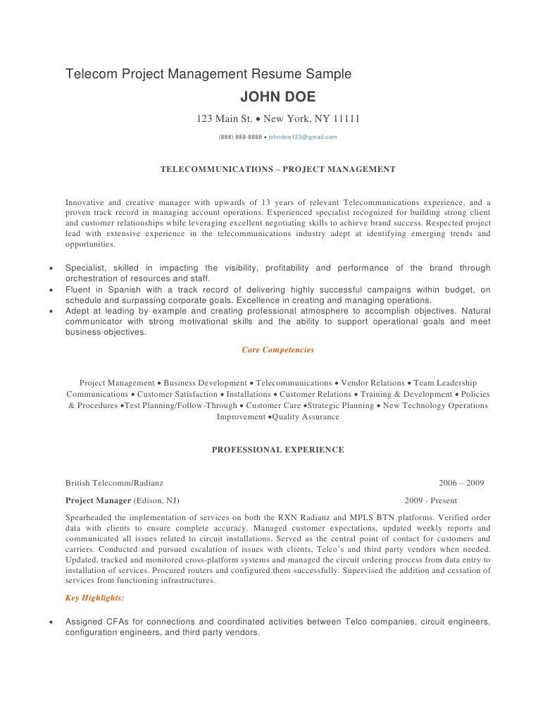 Telecom Project Management Resume Sample: John Doe | PDF | Project ...