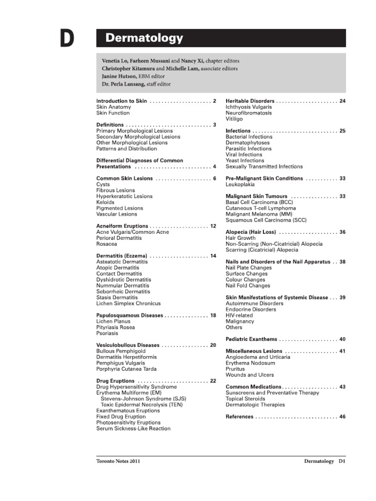6 - Toronto Notes 2011 - Dermatology | PDF | Cutaneous Conditions ...
