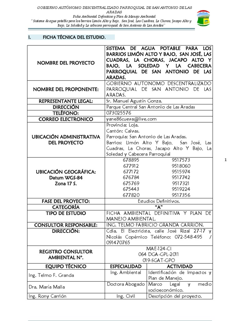 Resumen Ejecutivo de Agua Potable de San Antonio de Las