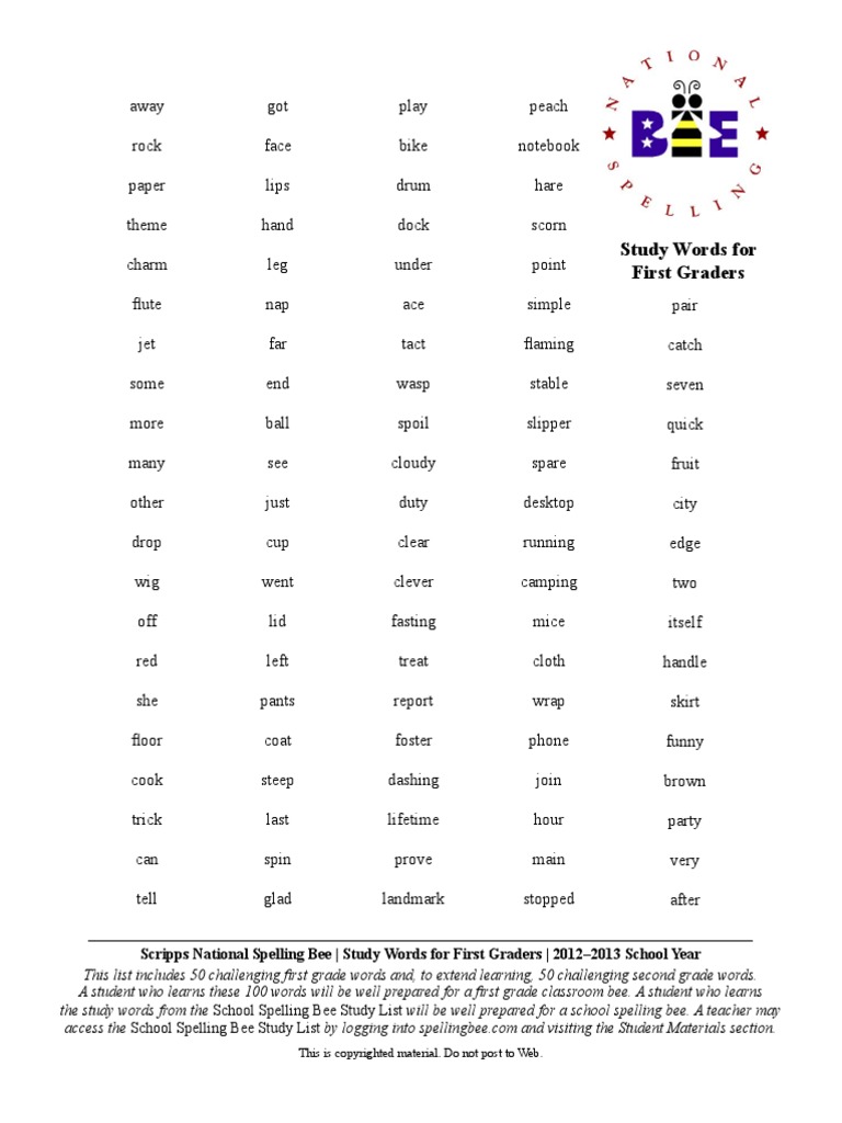 2013 National Spelling Bee STUDY WORDS Personal Growth