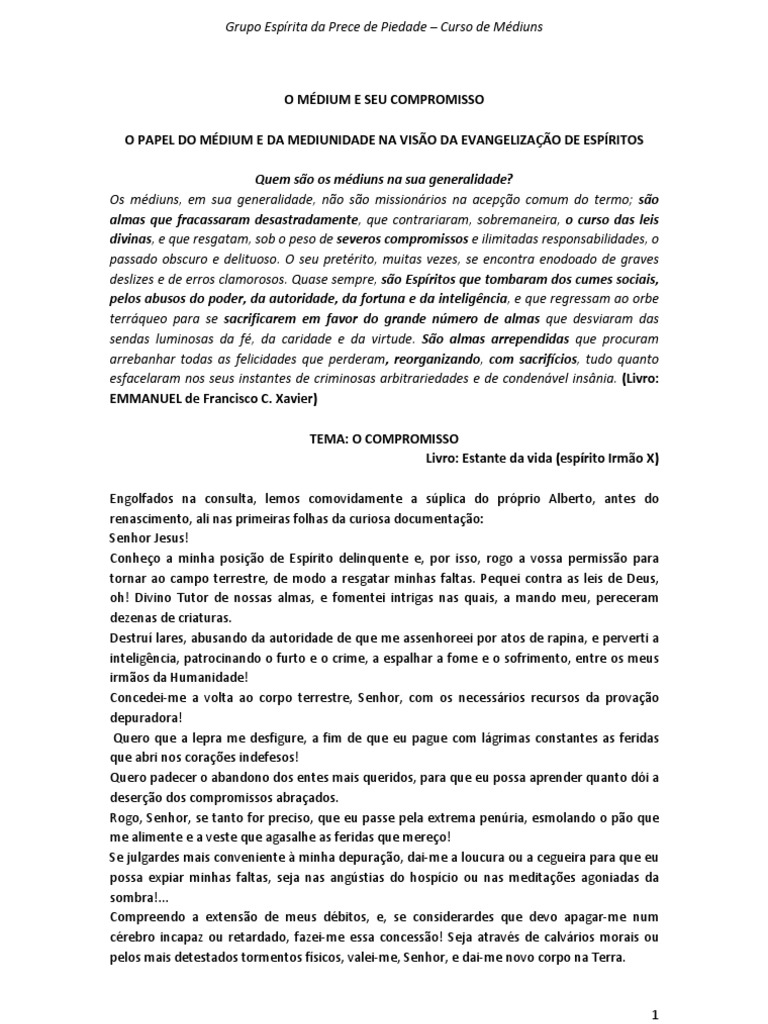 O Médium E Seu Compromisso Pdf Mediunidade Espiritismo
