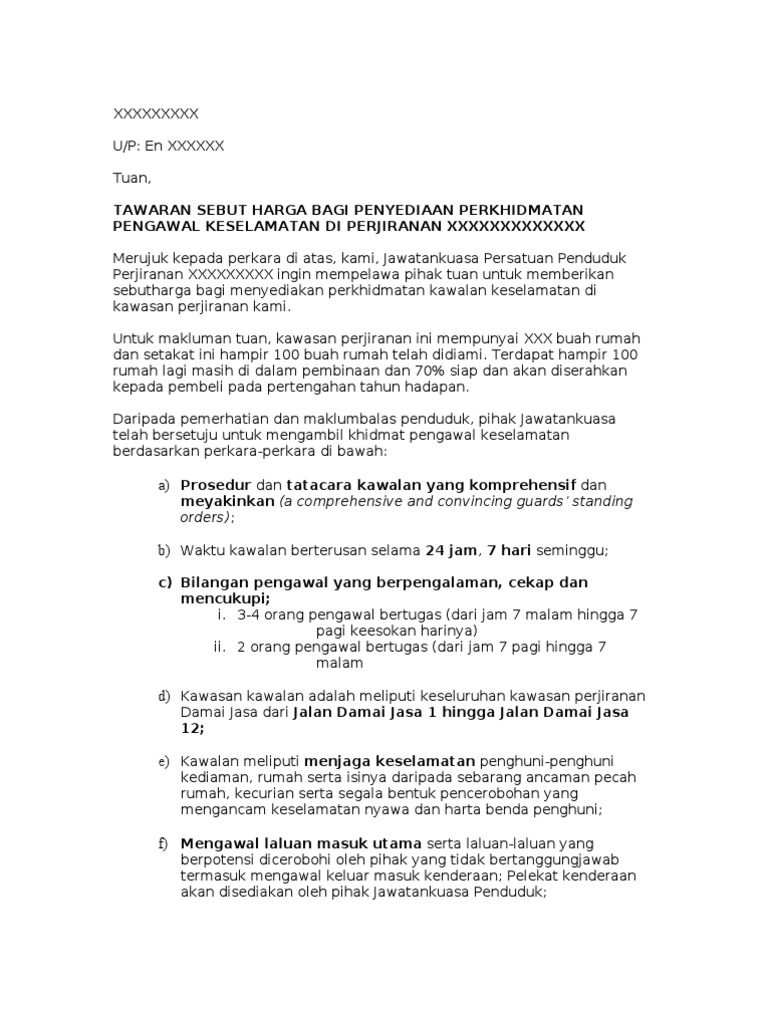Sample Resident Association Security Guard Open Tender in Malay | PDF