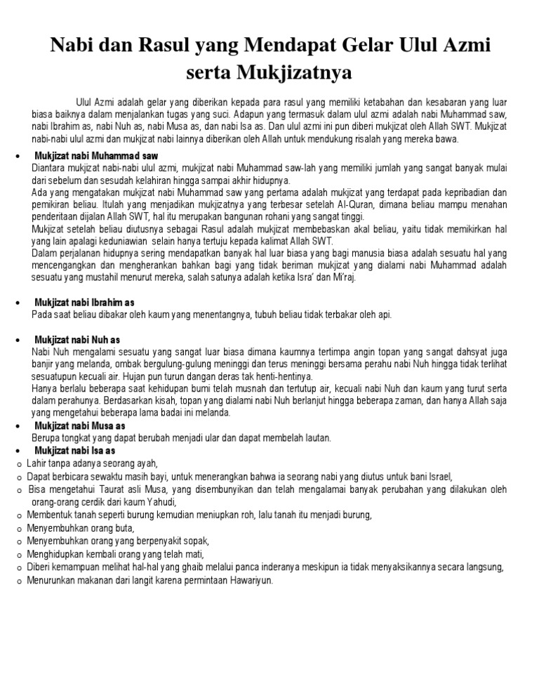 Nabi Dan Rasul Yang Mendapat Gelar Ulul Azmi Serta Mukjizatnya